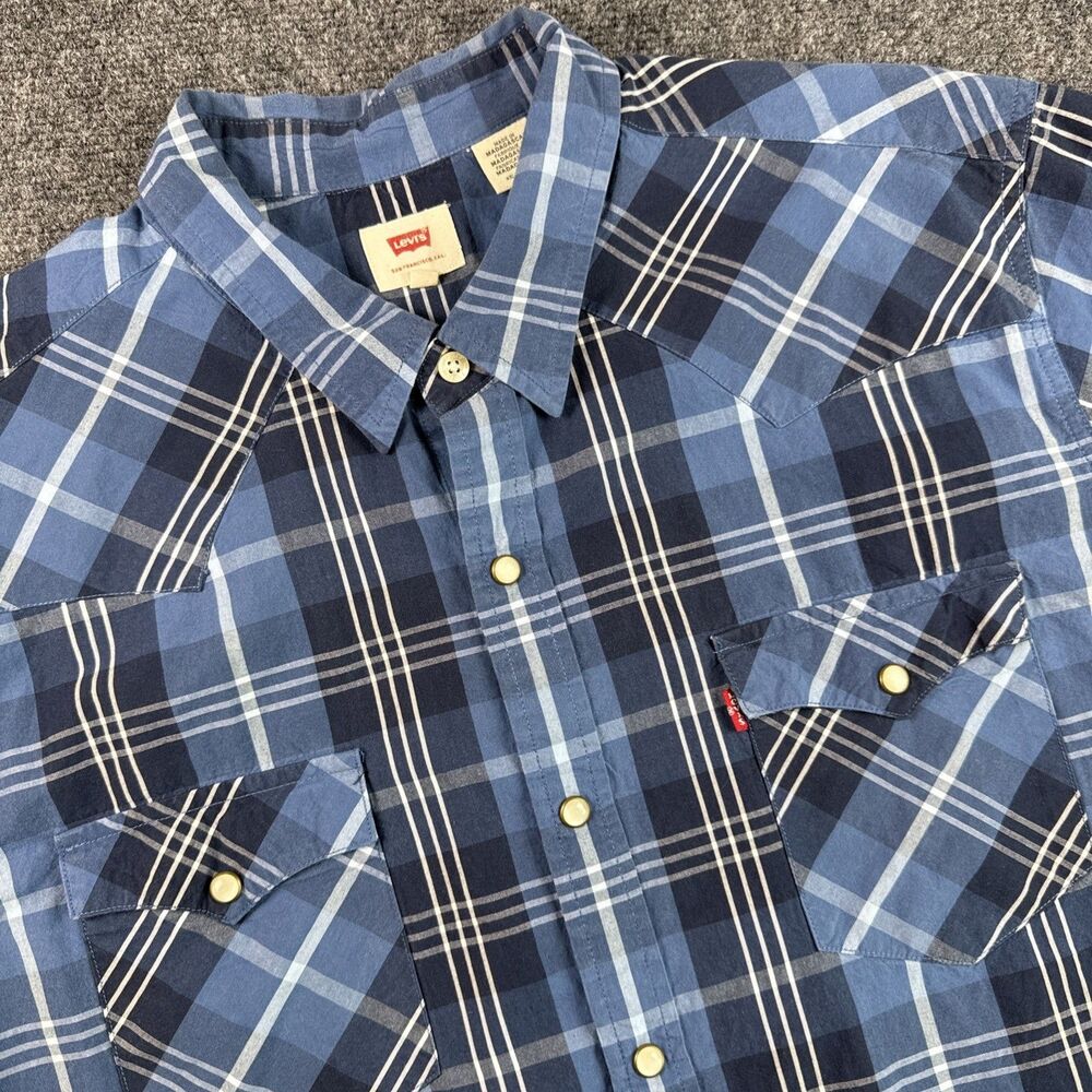 Levi's Men Button Up Shirt XXL Blue Plaid Western Logo Short Sleeve Pearl Snap